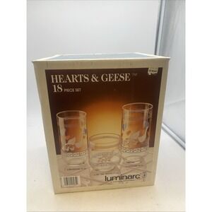 Vintage Luminarc Serenade Blue Pink Hearts & Geese Beverage Glasses Lot of 18.